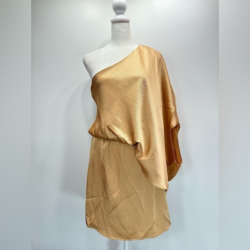 Mittoshop Copper Gold Draped One Shoulder Mini Dress Cocktail Party